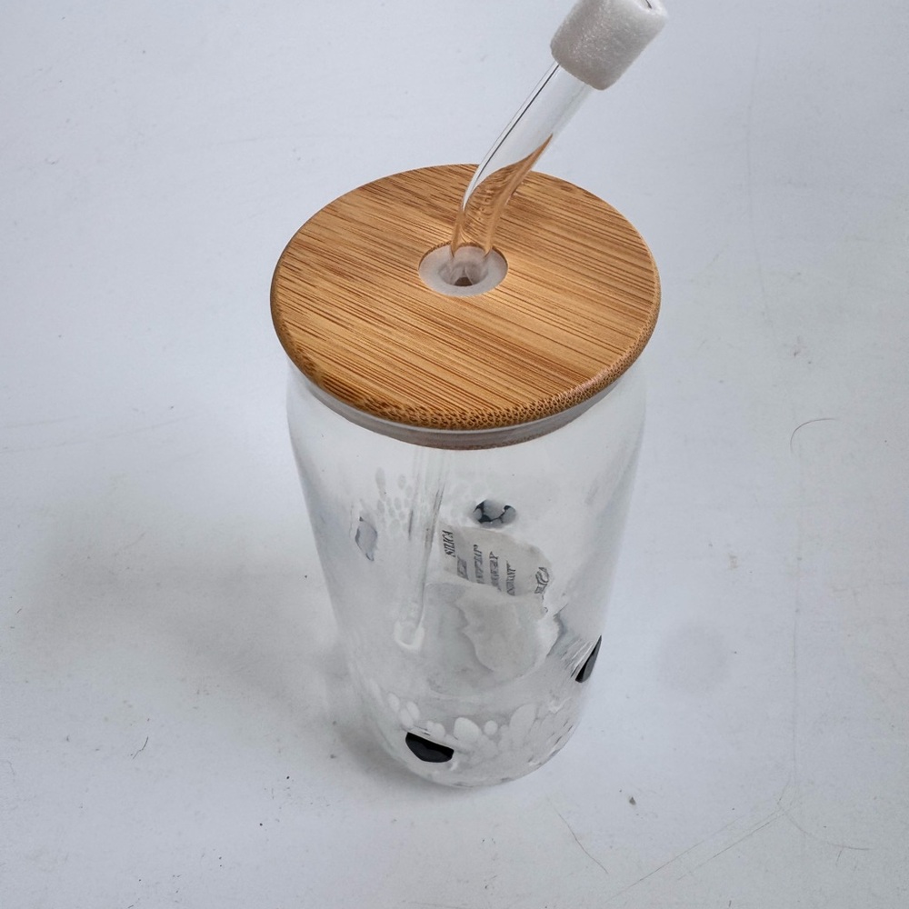 NWT Set of 2 Glass Icon Large Glass Tumblers wood Lid and Glass Straw 7”H x 3”W - Picture 10 of 10